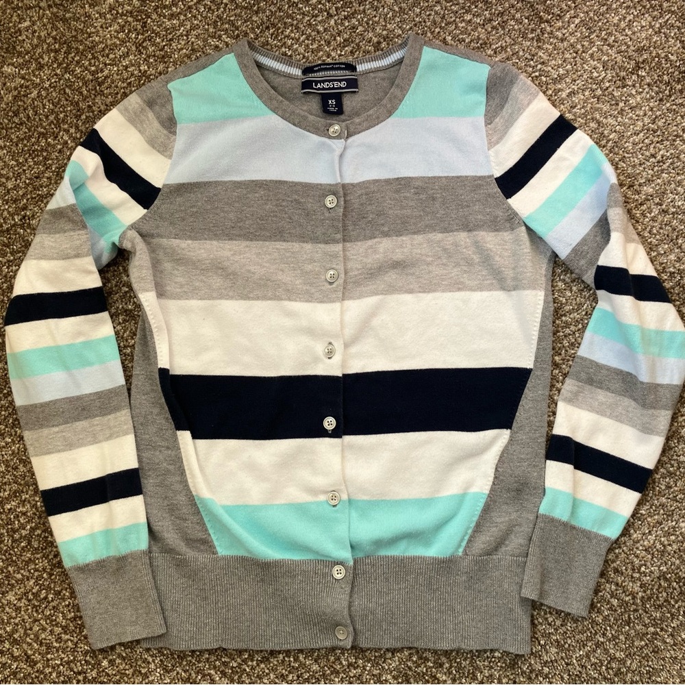 Lands' End Gray Mint Striped Cardigan Sweater Supima Cotton Size XS 2-4